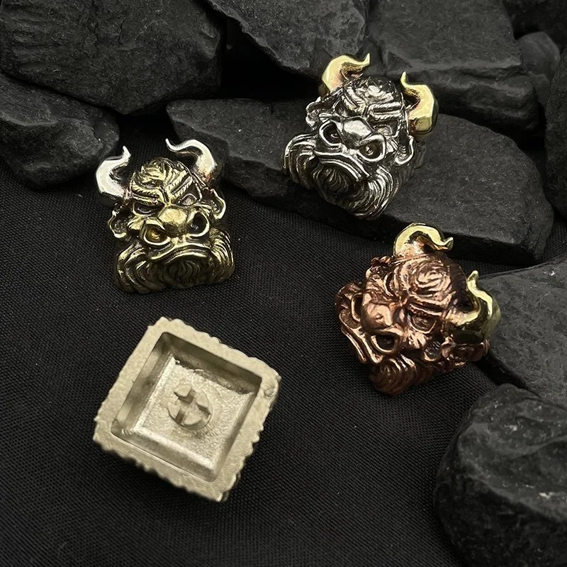 Hand-cast pure copper Black Myth Wukong keycap from various angles. Highlights intricate mythical details and gleaming metallic finish.