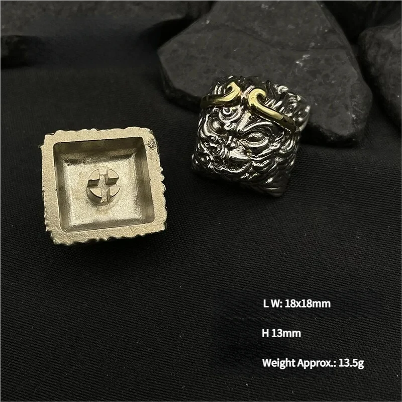 Close-up views of the handcrafted pure copper Black Myth Wukong artisan keycap, revealing intricate metallic sculpture details and rich copper hues.