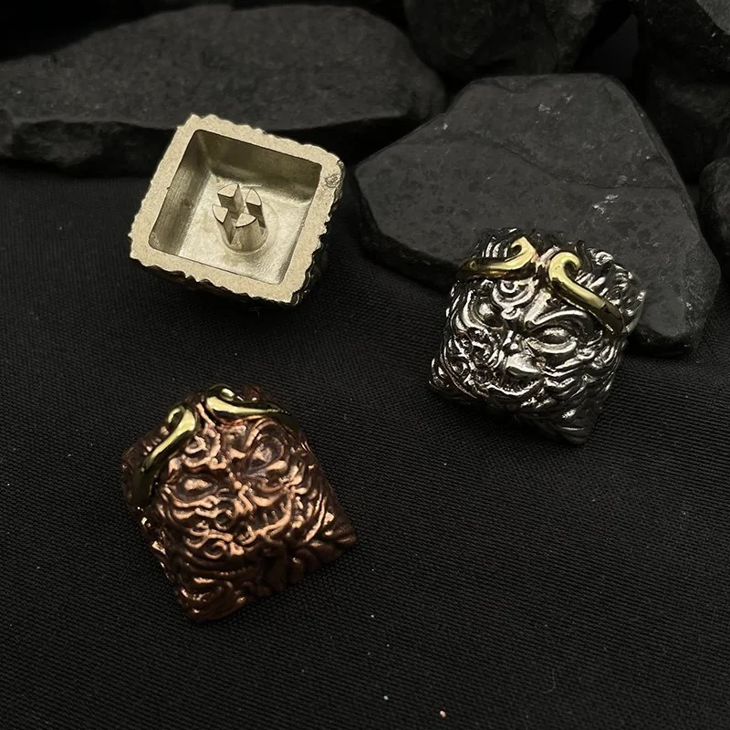 Main display of an intricate pure copper Black Myth Wukong artisan keycap, handcrafted with mythical grandeur, highlighting its detailed sculptural design.
