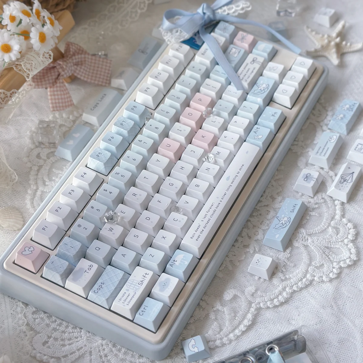 Immersive Blue Rain PBT keycaps set displayed on a serene desktop, showcasing deep blue hues and gentle rain motifs for a contemplative aesthetic.