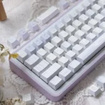 Bluesy Flower Keycaps PBT set, showcasing the exquisite 'Flower Wall' artistic design. Serene blue and white floral patterns from various angles.