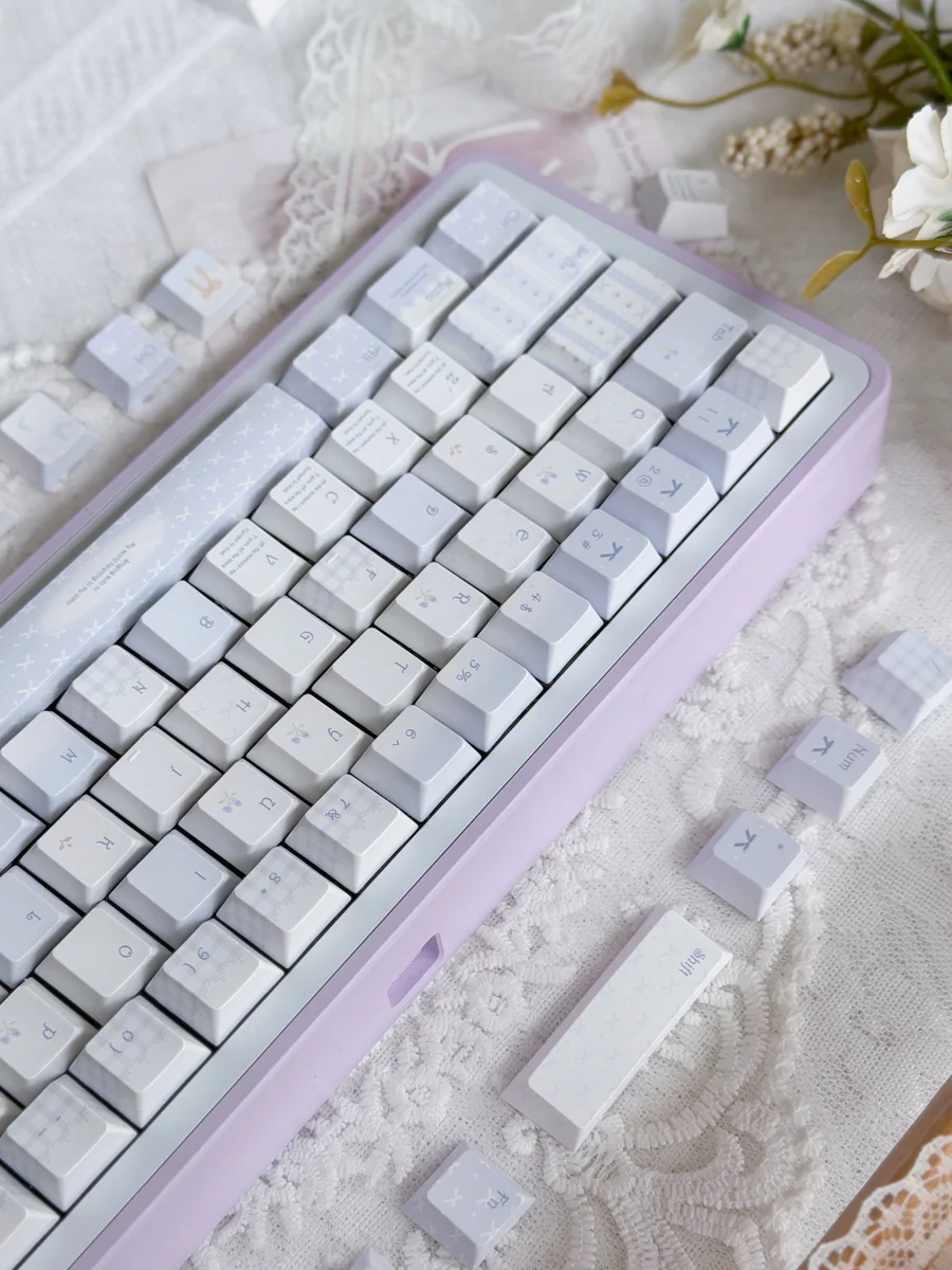 Gallery of Bluesy Flower Keycaps Set, showing the exquisite 'Flower Wall' artistic design from multiple angles, with serene blue and white PBT floral pattern.
