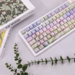 Detailed view of Artistic Spring Breeze Side-Lit PBT Keycaps Set, revealing soft impressionistic spring landscapes and traditional floral art.