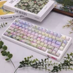 Artistic Spring Breeze side-lit PBT keycaps set, featuring impressionistic spring landscapes and floral motifs from multiple angles, offering tranquil design.