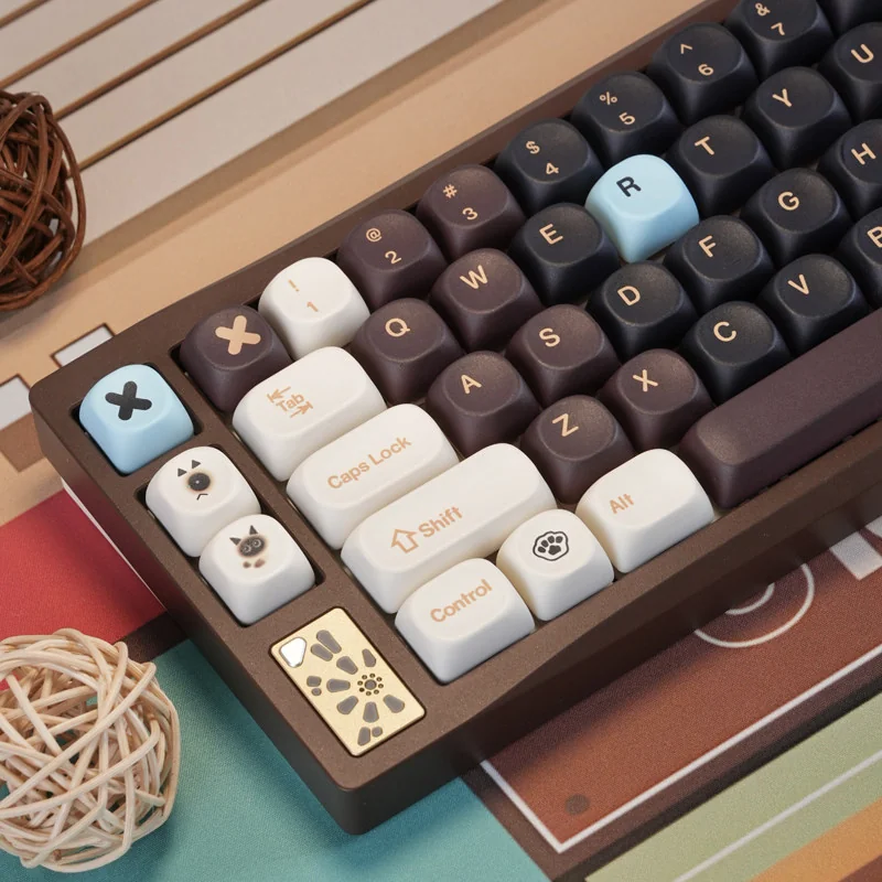 A different angle of the unique Brown Sugar Boba MOA profile keycaps set, showing their playful warm brown and cream tones, sweetening your workspace.