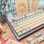 Adorable Milk Candy Bunny PBT Keycap Set close-up, highlighting the sweet pastel hues and delightful, rounded bunny designs for a playful keyboard.