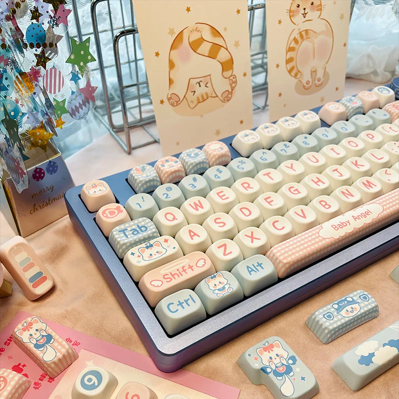 Adorable Milk Candy Bunny PBT Keycap Set close-up, highlighting the sweet pastel hues and delightful, rounded bunny designs for a playful keyboard.