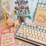 Adorable Milk Candy Bunny PBT Keycap Set, showcasing its sweet pastel hues and delightful, rounded design from a fresh angle, perfect for a playful keycaps.