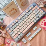 Adorable Milk Candy Bunny PBT keycap set displayed with sweet pastel hues and charming, rounded designs, seen from multiple delightful angles.