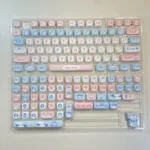 Close-up of the adorable Milk Candy Bunny PBT keycap set, highlighting its sweet pastel hues and charming rounded bunny designs from a unique perspective view.