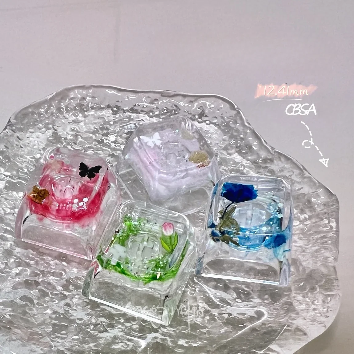 Nature's Bloom Butterfly Transparent Keycaps, artfully displayed from various angles, revealing vibrant, delicate nature-inspired design.