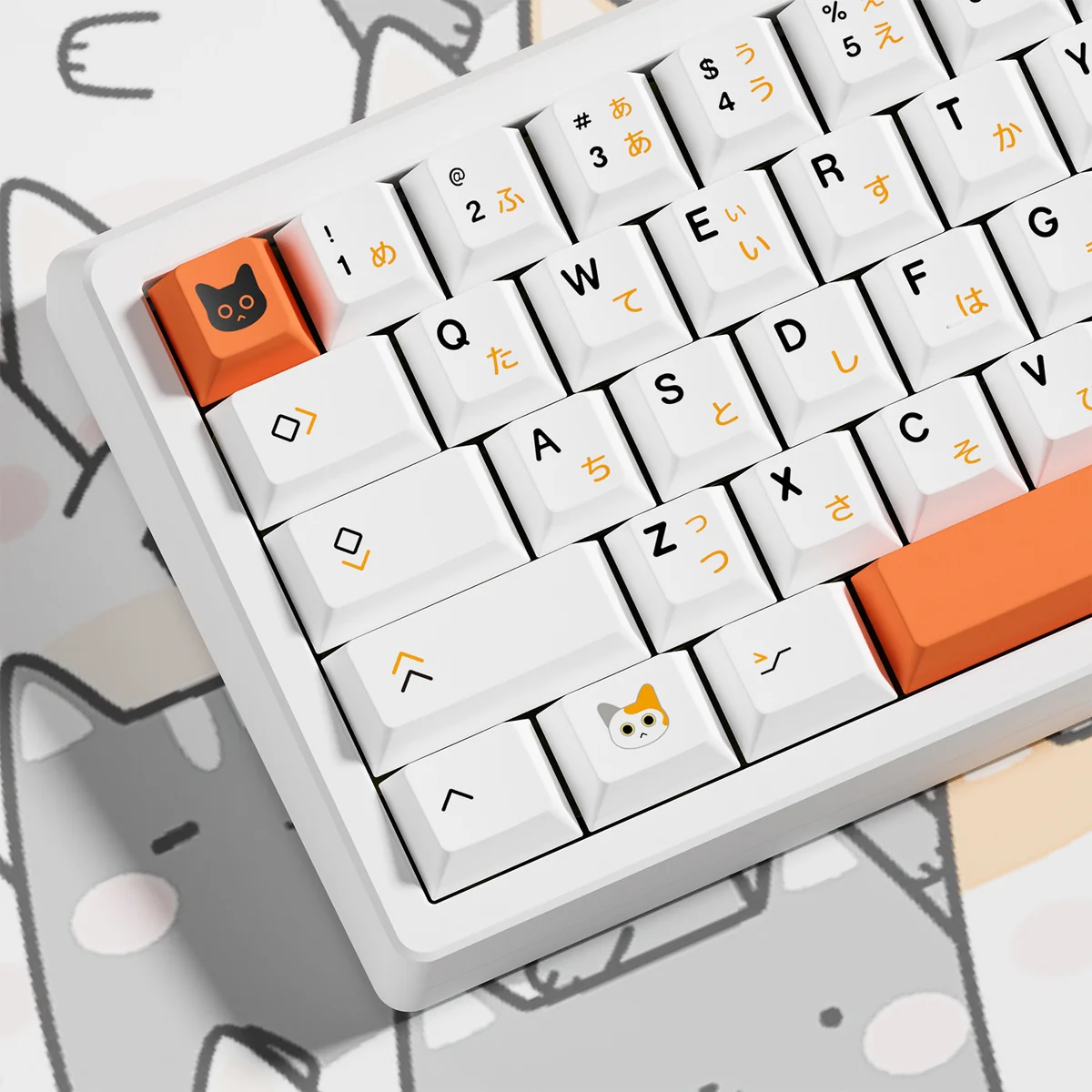 Close-up of vibrant PBT Calico Cat Dye-Sub keycaps set, featuring adorable calico cat illustrations in warm hues. Durable, playful design.
