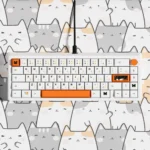 Playful Calico Cat PBT dye-sub keycaps set, vibrant and durable, visible in their clear bag, showcasing adorable feline art.
