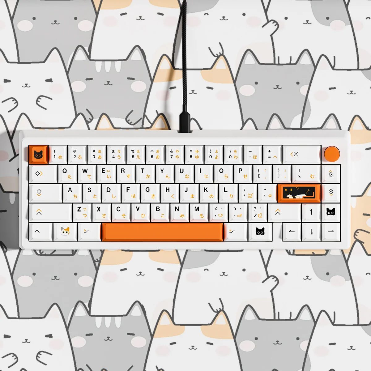 Vibrant PBT Calico Cat Keycaps set with adorable dye-sub feline art, creating a whimsical and comforting aesthetic for keyboards.