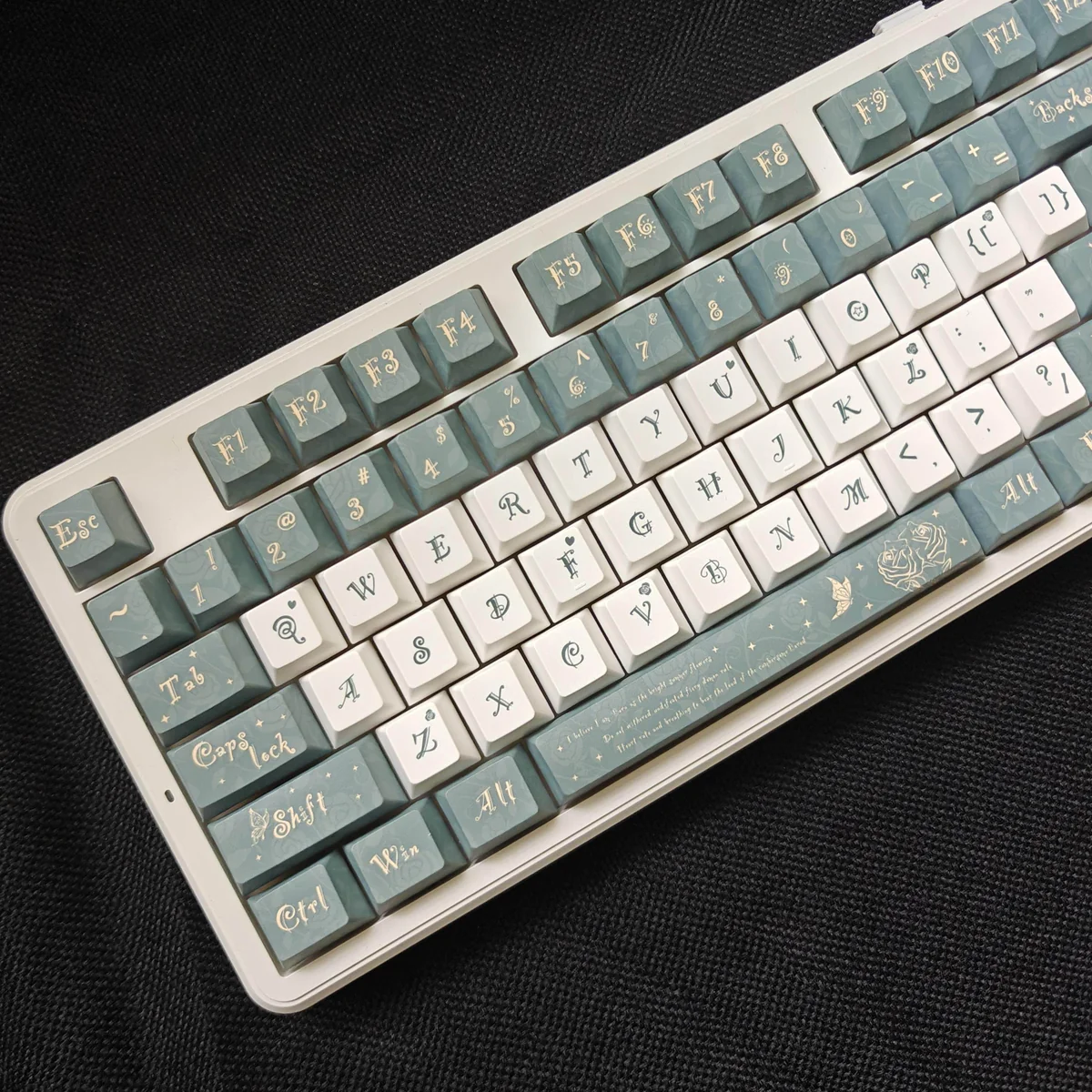 Durable PBT Camellia keycaps set with exquisite dye-sublimated floral art, shown from multiple angles. Ideal for elegant keyboard personalization.