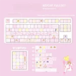 Close-up views of the exclusive Cardcaptor Sakura keycap set, showcasing its whimsical charm, intricate details, and vibrant magical colors from multiple angles.