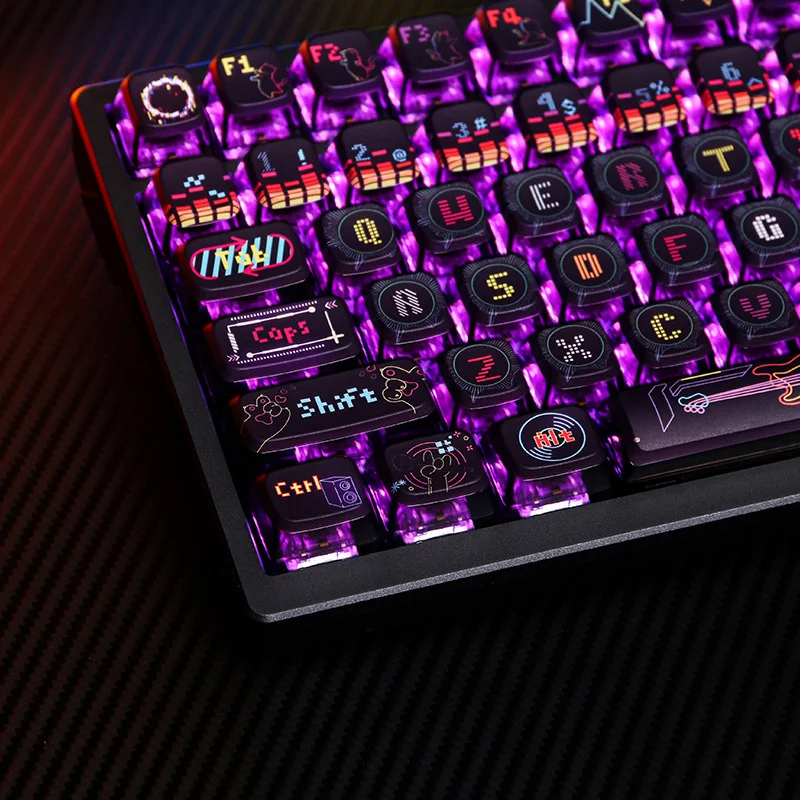 Cat Dance ASA Keycap Set. Whimsical cat motifs, translucent pudding design, ASA profile, perfect for vibrant RGB lighting.