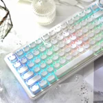 Close-up of the MAO Playful Cat Backlit Side-Engraved Keycap Set, showcasing the modern white and two-tone design with charming cat head motifs.