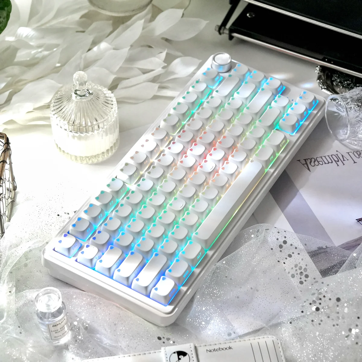 MAO Playful Cat Backlit Side-Engraved Keycap Set displayed, featuring modern white, two-tone keycaps with charming cat head designs for a playful keyboard.