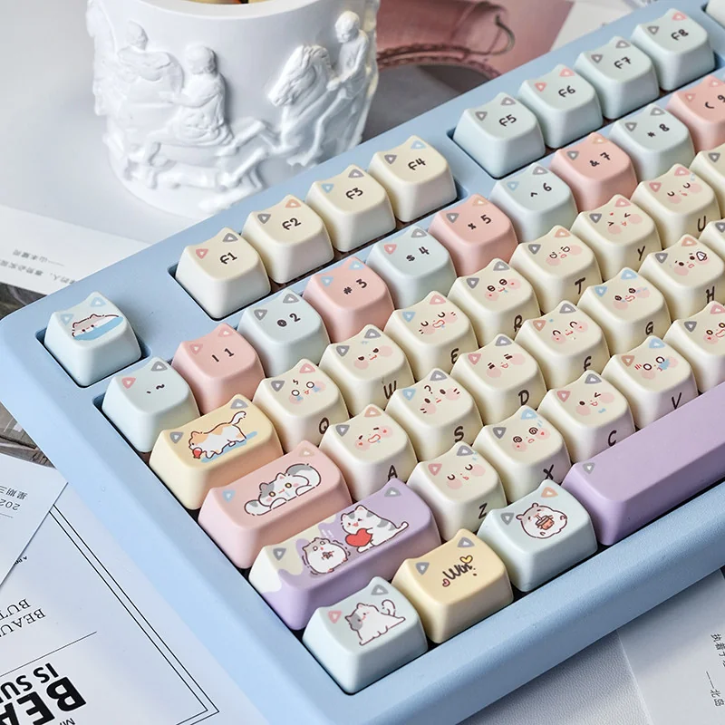 Detailed view of the MAO Cat Hide-and-Seek PBT Keycap Set, featuring durable PBT and adorable cat characters. A playful cat keyboard.