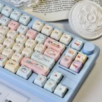 A gallery view of the MAO Cat Hide-and-Seek PBT Keycap Set, highlighting durable PBT keycaps and adorable peeking cat legends from a unique angle.