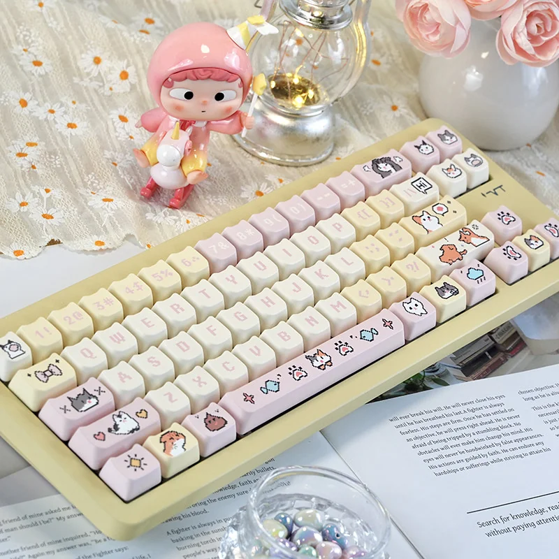 Playful Hachimi Pixel Cat Meme PBT Keycaps Set displayed from various angles, highlighting their adorable pixelated designs, durable build, and backlit design.