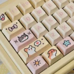 A playful gallery view of Hachimi Pixel Cat Meme PBT keycaps set from various angles, highlighting their adorable pixel art, vibrant colors, and backlit design.