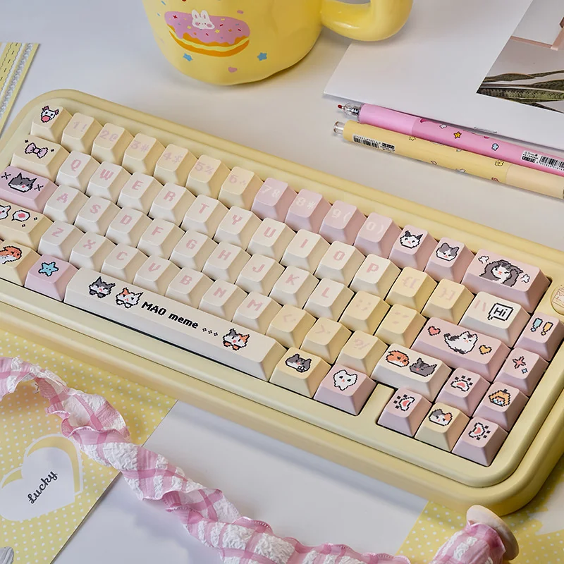 Adorable Hachimi Pixel Cat Meme Keycaps Set with vibrant pixel art, made from durable PBT. Perfect backlit set, adding whimsical retro charm to your keyboard.