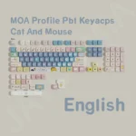 A gallery of Cat & Mouse MOA keycaps set, artfully showcasing the unique, whimsical stylized cat and mouse design from multiple angles on their sculpted design.