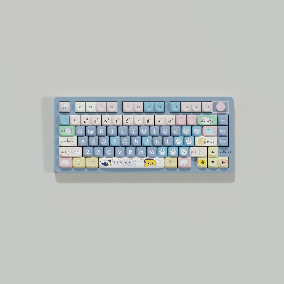 A unique original Cat Mouse MOA Keycap Set displaying playful, stylized cat and mouse imagery on a sculpted MOA profile, embodying whimsical keyboard art.