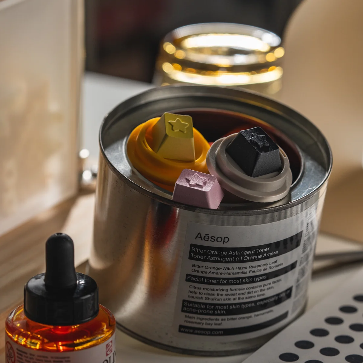 Premium CNC aluminum Celestial R4 accent keycap shown from multiple angles, revealing its ethereal starry night sky design and cosmic hues in elegant design.