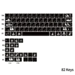 Chainsaw Man Reze PBT keycaps set from a unique angle, revealing their minimalist design and artistic side-engraved legends, perfect for backlit custom keyboard.