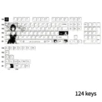 A detailed angled view of the exclusive Chainsaw Man Reze PBT keycap set, showcasing vibrant spring anime art and premium PBT texture.