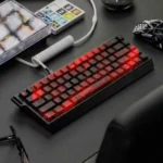 "Elegant black and red cherry blossom PBT dye-sub keycaps highlighting vibrant floral design, crisp legends, and premium PBT texture."