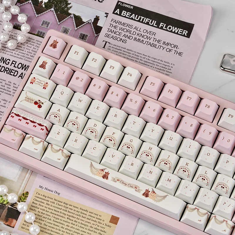Playful Cherry Cake PBT Keycaps Set in pastel pinks, featuring sweet cherry and cake designs from all angles. Durable PBT for a charming desk.