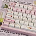 Cherry Cake PBT Keycaps set from multiple angles, revealing playful pastel cherry cake designs, highlighting durable PBT for a sweet desk setup.