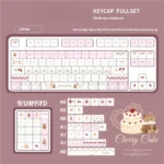 Close-up of Cherry Cake PBT Keycaps Set, highlighting charming pastel pinks and playful cherry motifs. Durable PBT ensures lasting joy for your sweet keyboard.