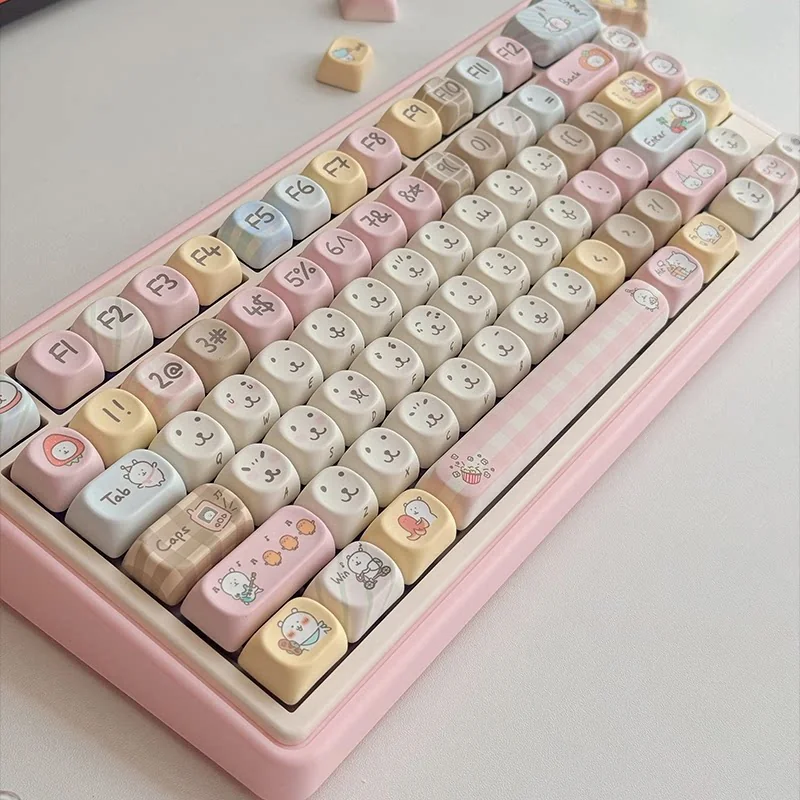 Close-up of the whimsical Chiikawa Joke Bear PBT keycap set from a playful angle, showcasing the durable PBT material and charming character designs.