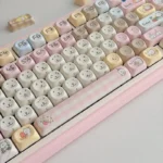 Exclusive Chiikawa Joke Bear PBT keycaps set, shown from various angles, highlighting the whimsical characters and durable PBT. This playful charm set elegant touch.