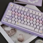 Gallery of Chiikawa Keycaps MAO Profile PBT Set. Charming characters and vibrant purple-white gradient from various angles. Playful design, unique MAO profile