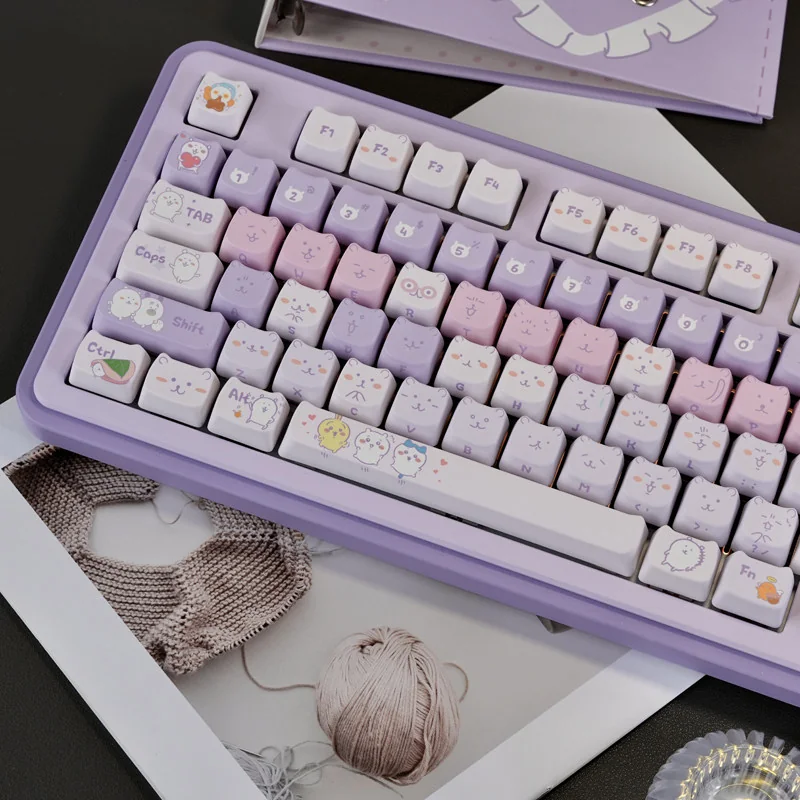 Gallery of Chiikawa Keycaps MAO Profile PBT Set. Charming characters and vibrant purple-white gradient from various angles. Playful design, unique MAO profile
