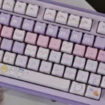 Detailed gallery views of the Chiikawa Keycaps MAO Profile PBT set, highlighting charming Chiikawa characters and the vibrant purple-white gradient design.