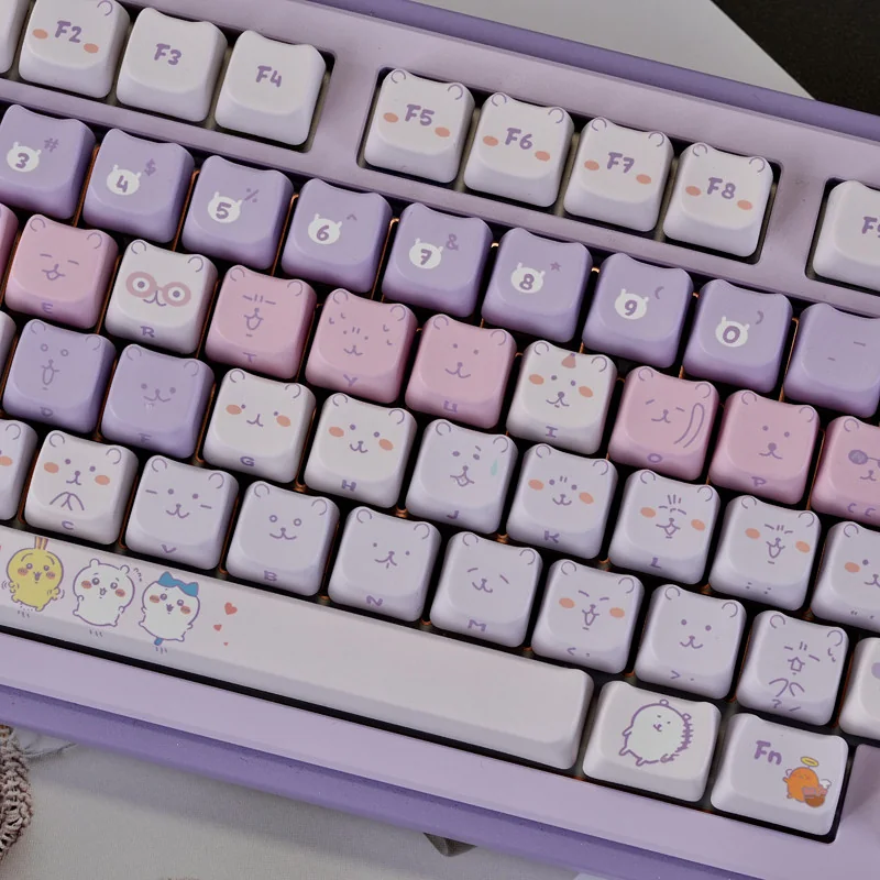 Detailed gallery views of the Chiikawa Keycaps MAO Profile PBT set, highlighting charming Chiikawa characters and the vibrant purple-white gradient design.