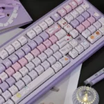 Chiikawa Keycaps MAO profile PBT set. Gallery shows charming Chiikawa characters and vibrant purple-white gradient from different playful angles.