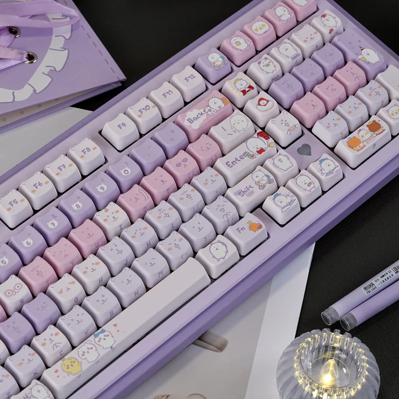 Chiikawa Keycaps MAO profile PBT set. Gallery shows charming Chiikawa characters and vibrant purple-white gradient from different playful angles.