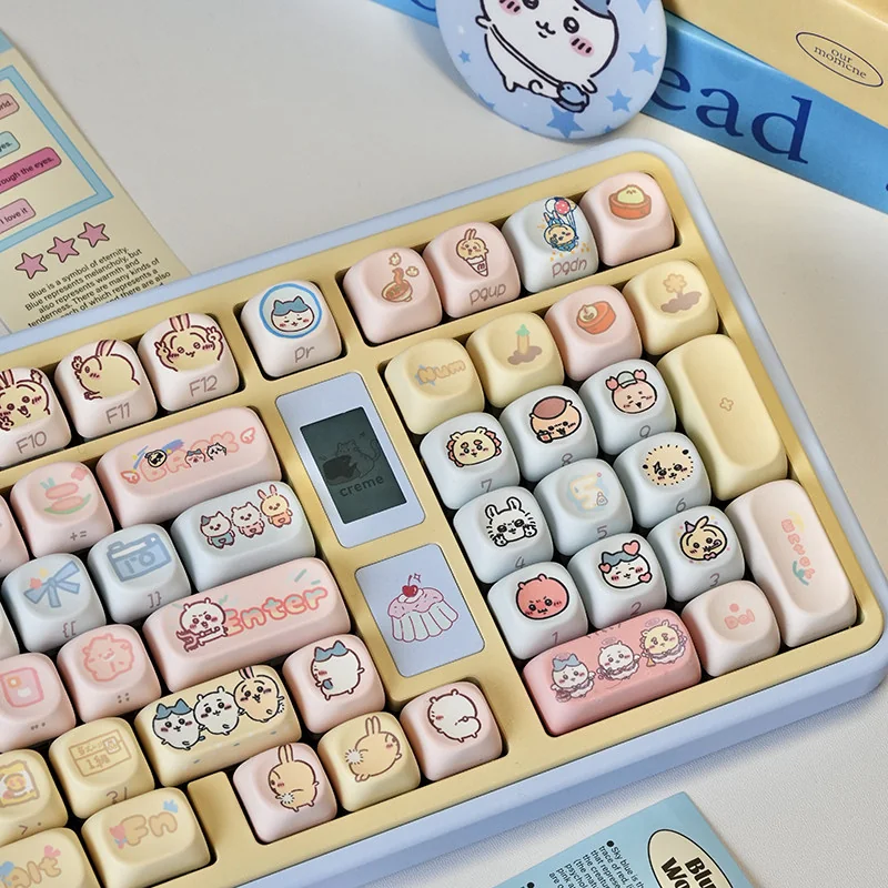 Chiikawa: Three Little Characters MOA Keycap Set showcasing ergonomic character designs from multiple angles, featuring soft pastel hues.