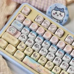 Multiple angles of the Chiikawa: Three Little Characters MOA Keycap Set, detailing its ergonomic character designs and soft pastel hues, bringing delightful charm to any keyboard.