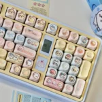 Close-up of the Chiikawa: Three Little Characters MOA Keycap Set, showcasing ergonomic character designs in soft pastel hues from multiple delightful angles, enhancing keyboard.
