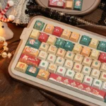 A collection of adorable Christmas cat PBT keycaps set from various angles, showcasing whimsical festive illustrations and cozy holiday colors.