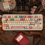 Adorable Christmas cat PBT keycaps set showcasing whimsical feline illustrations and cozy festive colors, bringing charming holiday cheer to your keyboard.